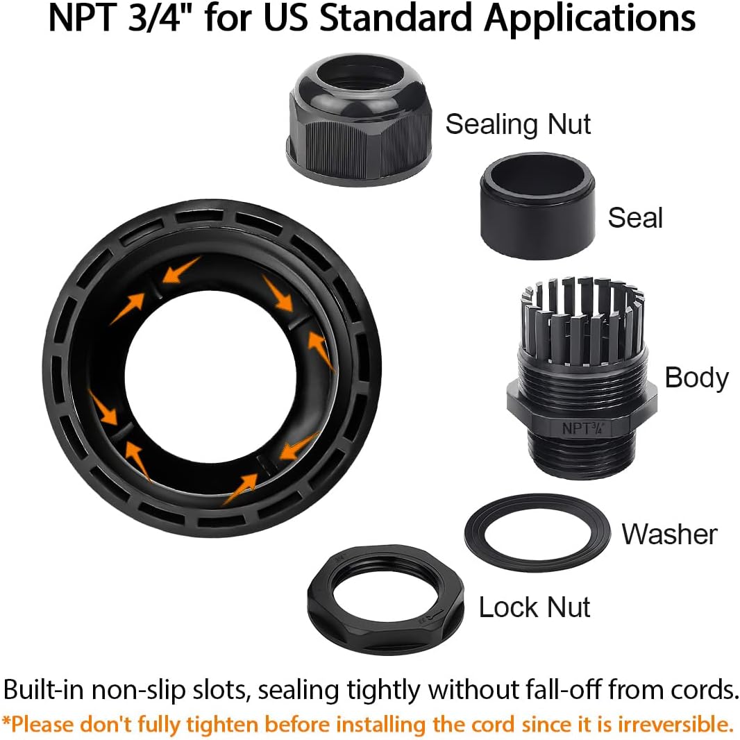 LeMotech 5 Pack NPT 3/4" Cable Glands Waterproof Adjustable 12.5-18mm Cable Connectors Black Nylon Joints with Gaskets