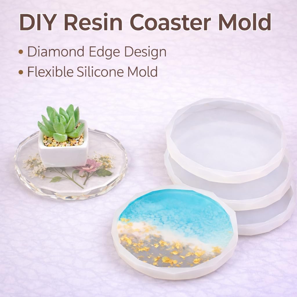 Resin Coaster Molds, 4 Pack Diamond Edge Round Molds for Resin Casting, Silicone Coaster Molds for Epoxy Resin
