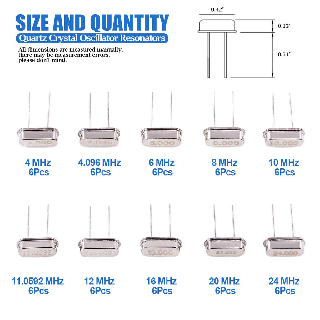 Glarks 60Pcs 10-Values Quartz Crystal Oscillator Resonators Assortment Kit 4MHz, 4.096MHz, 6MHz, 8MHz, 10MHz, 11.0592MHz, 12MHz, 16MHz, 20MHz, 24MHz