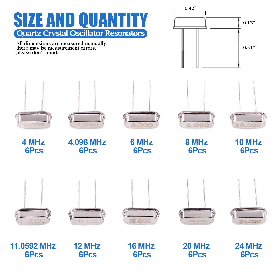 Glarks 60Pcs 10-Values Quartz Crystal Oscillator Resonators Assortment Kit 4MHz, 4.096MHz, 6MHz, 8MHz, 10MHz, 11.0592MHz, 12MHz, 16MHz, 20MHz, 24MHz