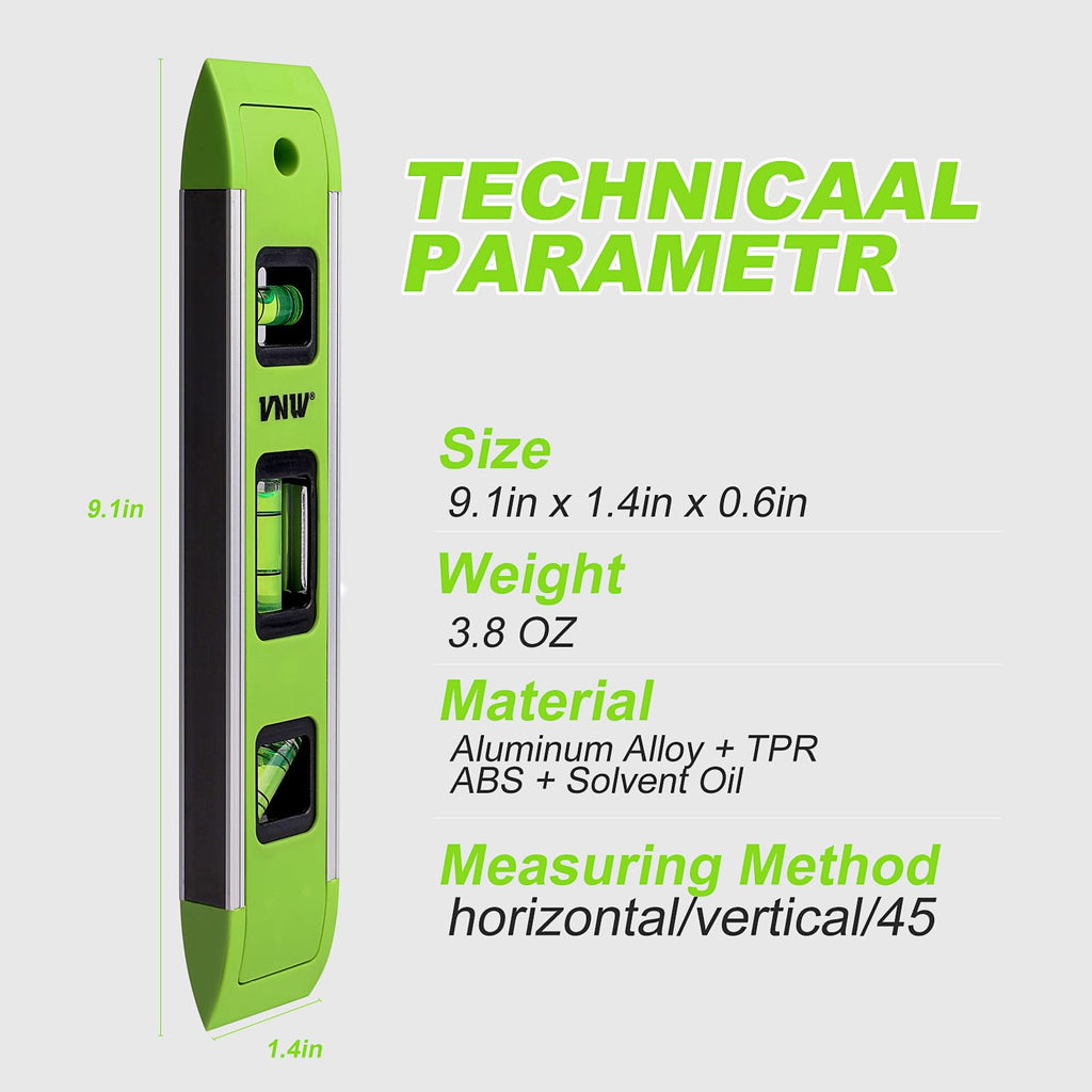 9 Inch Torpedo Level, Magnetic Bubble Level with 45°/90°/180° Bubble Vials, Shock Resistant Leveler Tool for Measuring