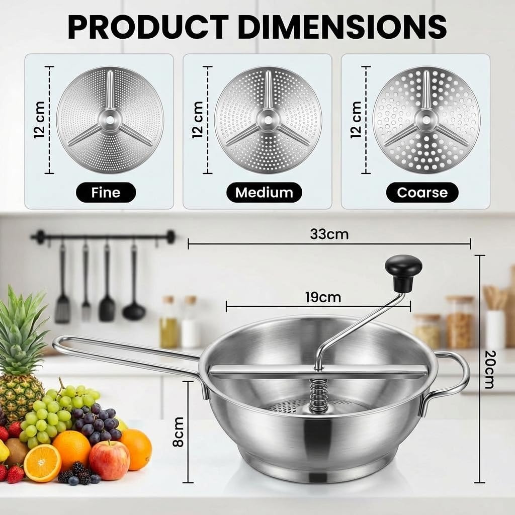 Stainless Steel Food Mill with 3 Milling Discs, Rotary Hand Crank with Silicone Handle, Ergonomic Design for Tomato