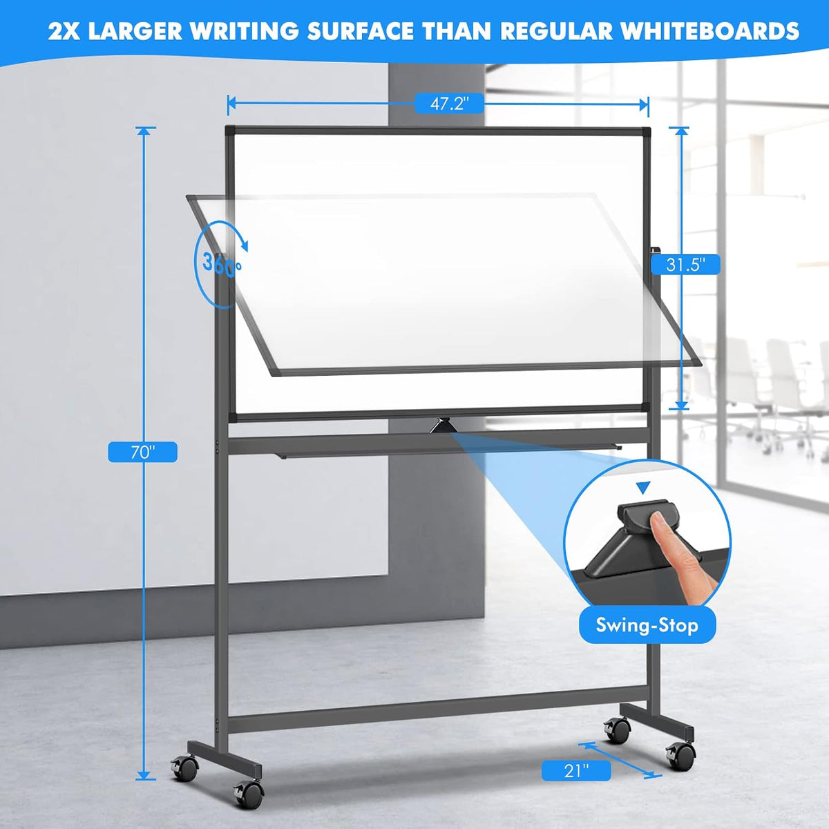 Rolling White Board on Wheels 48x32 in, Double-Sided Magnetic Black | Mobile Dry Erase Board with Stand, Aluminum