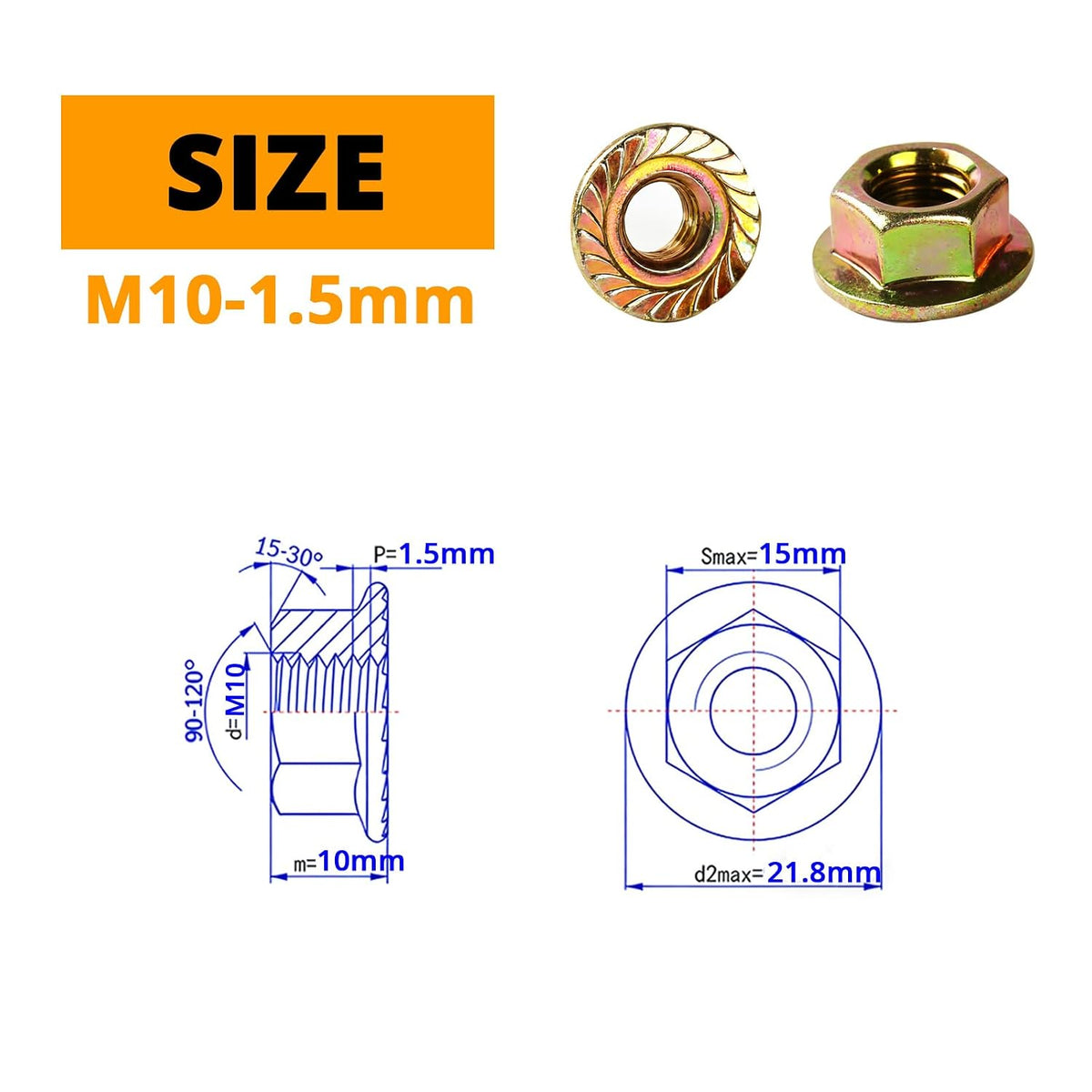 M10-1.5mm Anti-Loosening Serrated Hex Flange Lock Nuts (Yellow Zinc Plated, Full Thread) - 20 Pcs