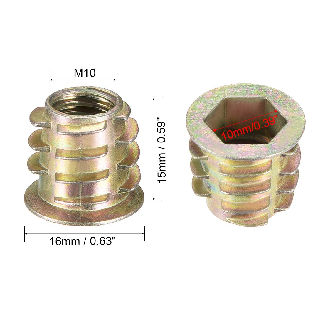 uxcell Furniture Threaded Insert Nuts Zinc Alloy M10 Internal Threads 15mm Length 10pcs