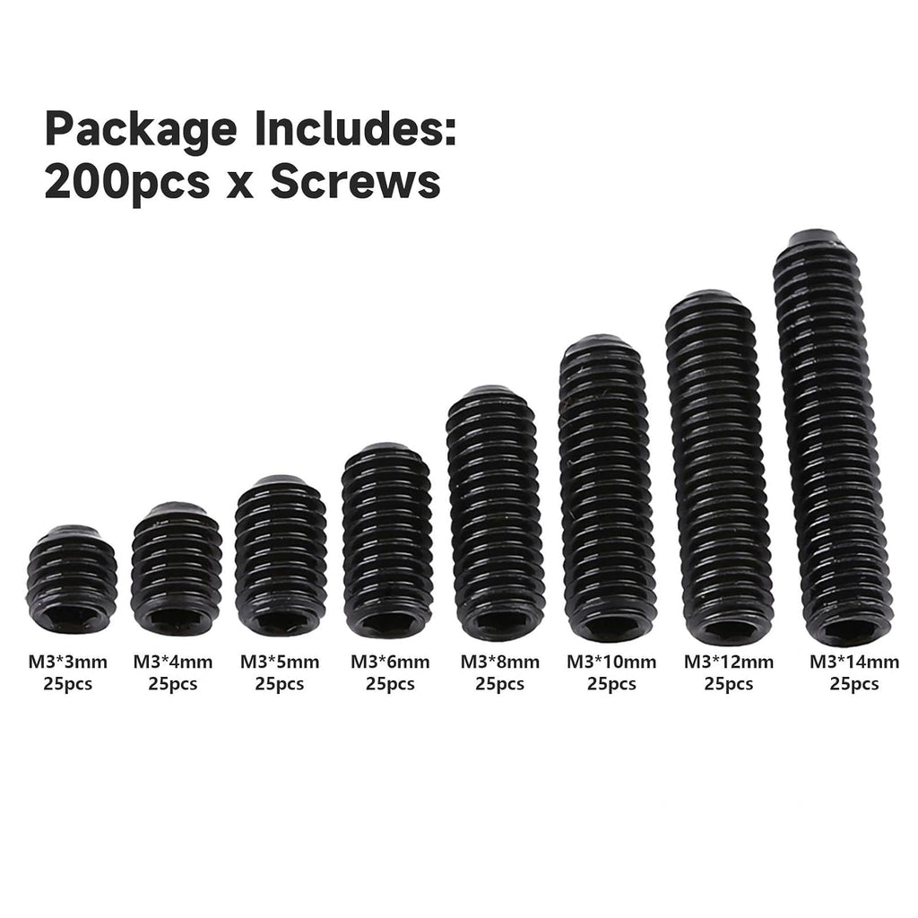 200Pcs M3 Set Screw, Carbon Steel Socket Cup Screw Kit, 8 Common Sizes Headless Hex Socket Screws Set for Fastening and Connecting Objects, Black Flat End
