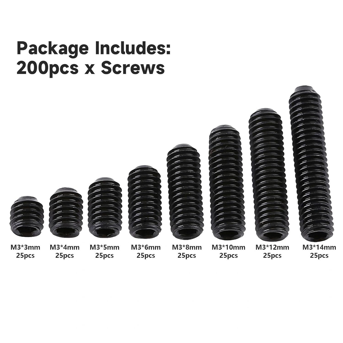 200Pcs M3 Set Screw, Carbon Steel Socket Cup Screw Kit, 8 Common Sizes Headless Hex Socket Screws Set for Fastening and Connecting Objects, Black Flat End