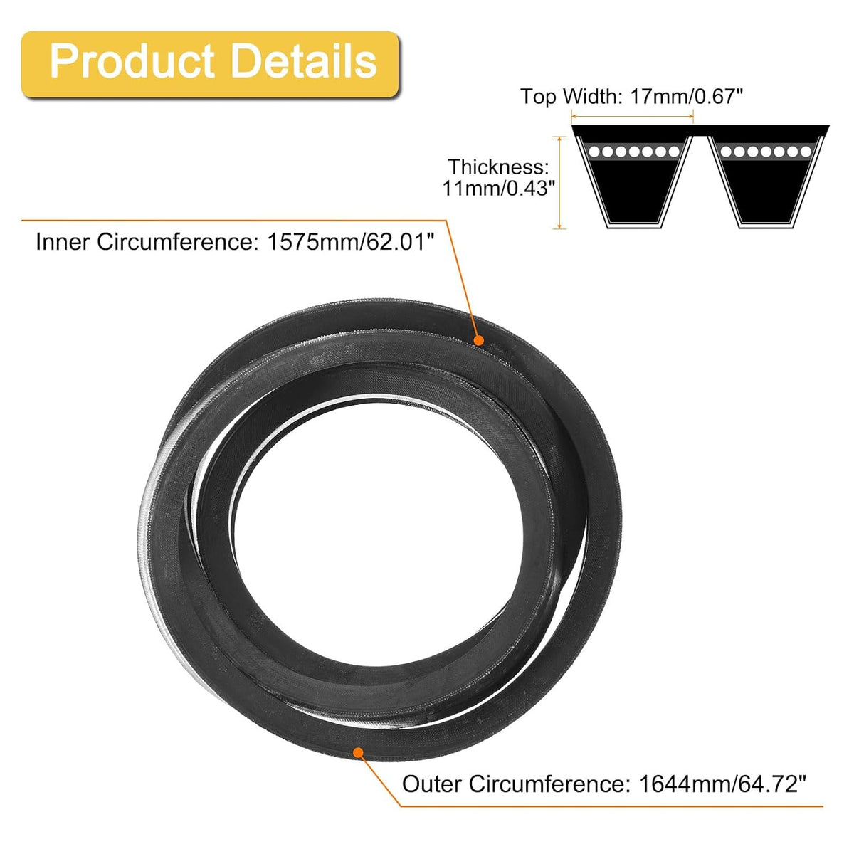uxcell 2/B62 Classic Wrapped 2 Banded 65" Outer Circ B Profile V-Belt