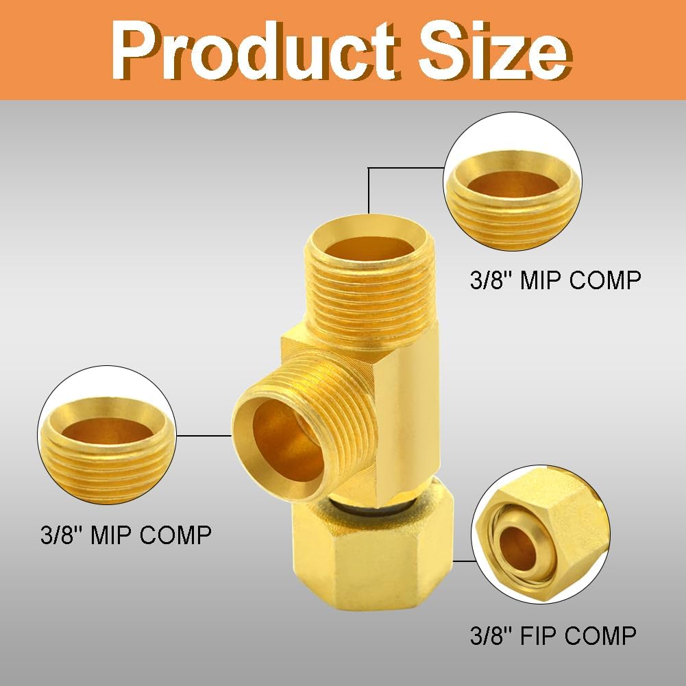 TTFLEX 3/8" Compression Tee 4PCS Brass Angle Stop Add-A-Tee for Toilet Sink