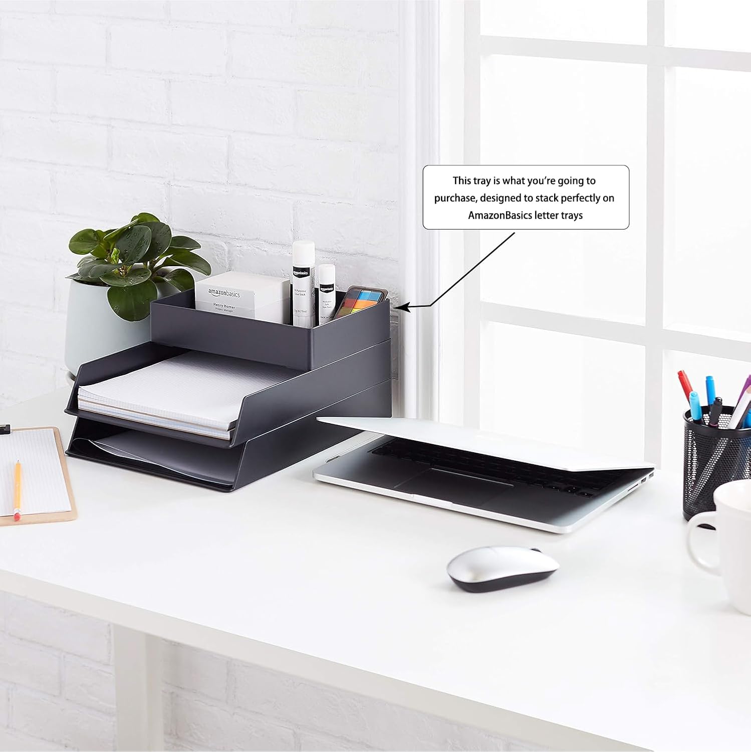 Rectangular Plastic Desk Organizer with Storage Trays, Accessory Tray for Office Supplies and Pen Holder, 9.4 x 6.7 x