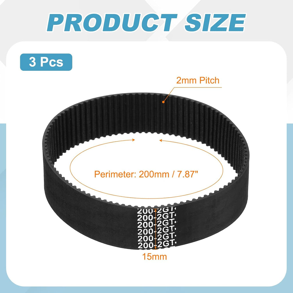 MECCANIXITY 200mm GT-2 Timing Belt 15mm Width 2mm Pitch Black 3pcs