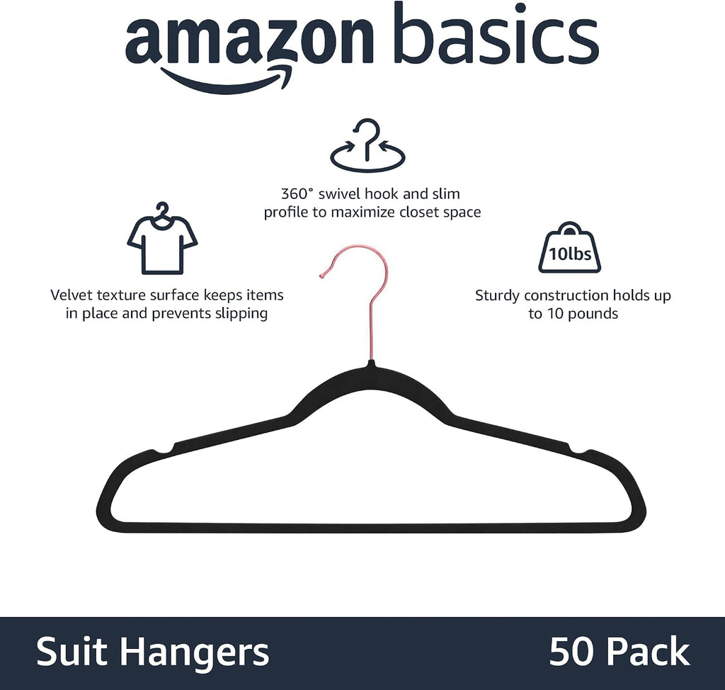 Slim Velvet Non-Slip Space Saving Suit Clothes Hangers for Closet Organization, Black/Rose Gold, 50-Pack