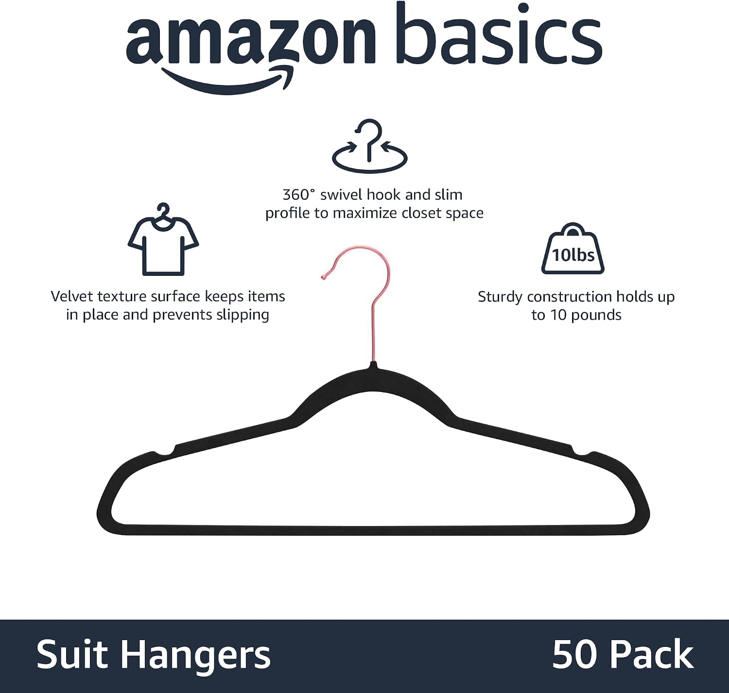 Slim Velvet Non-Slip Space Saving Suit Clothes Hangers for Closet Organization, Black/Rose Gold, 50-Pack