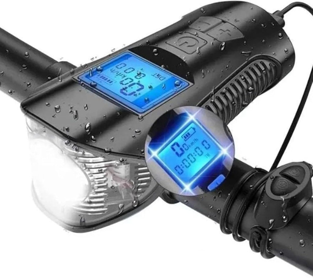220LM LED Bike Front Light with Horn & Speedometer, USB Rechargeable IP4 Waterproof ABS Flashlight, 3-5h Runtime