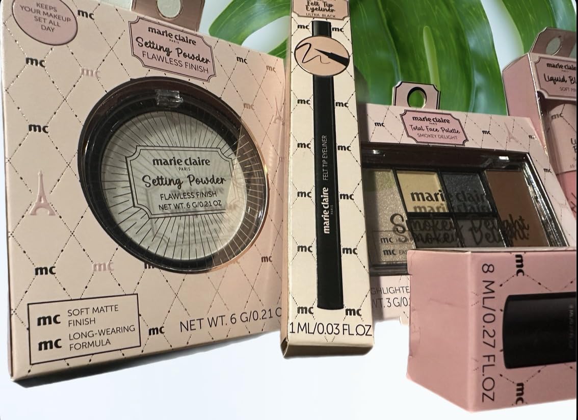 Marie Claire Makeup Set, Smokey Eyeshadow Palette, Contour Stick, Felt Tip Eyeliner, Volumizing Mascara, Soft Pink