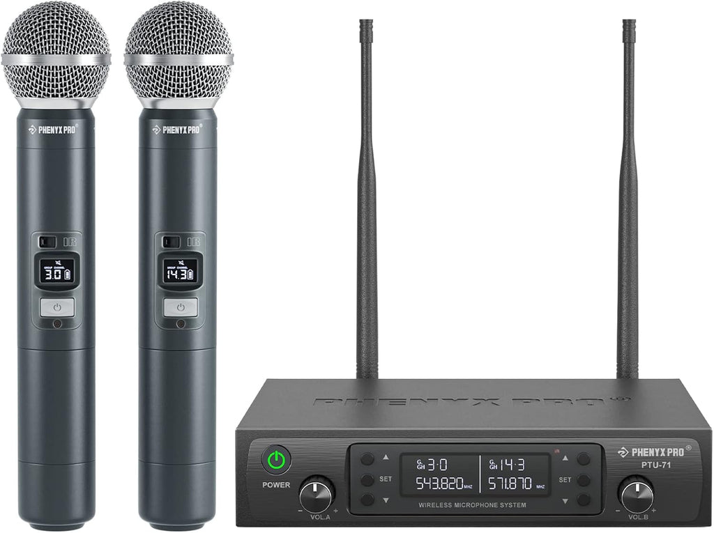 Dual UHF Auto Scan Handheld Wireless Microphone System PTU-71-2H | 2 Dynamic Mics, 2 x 100 Frequencies, 328 ft Range