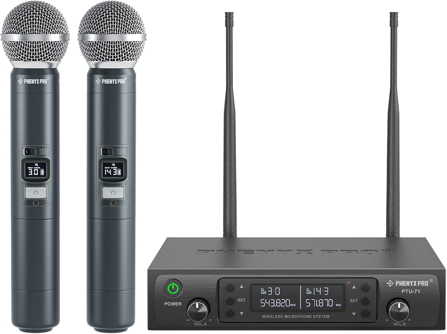 Dual UHF Auto Scan Handheld Wireless Microphone System PTU-71-2H | 2 Dynamic Mics, 2 x 100 Frequencies, 328 ft Range