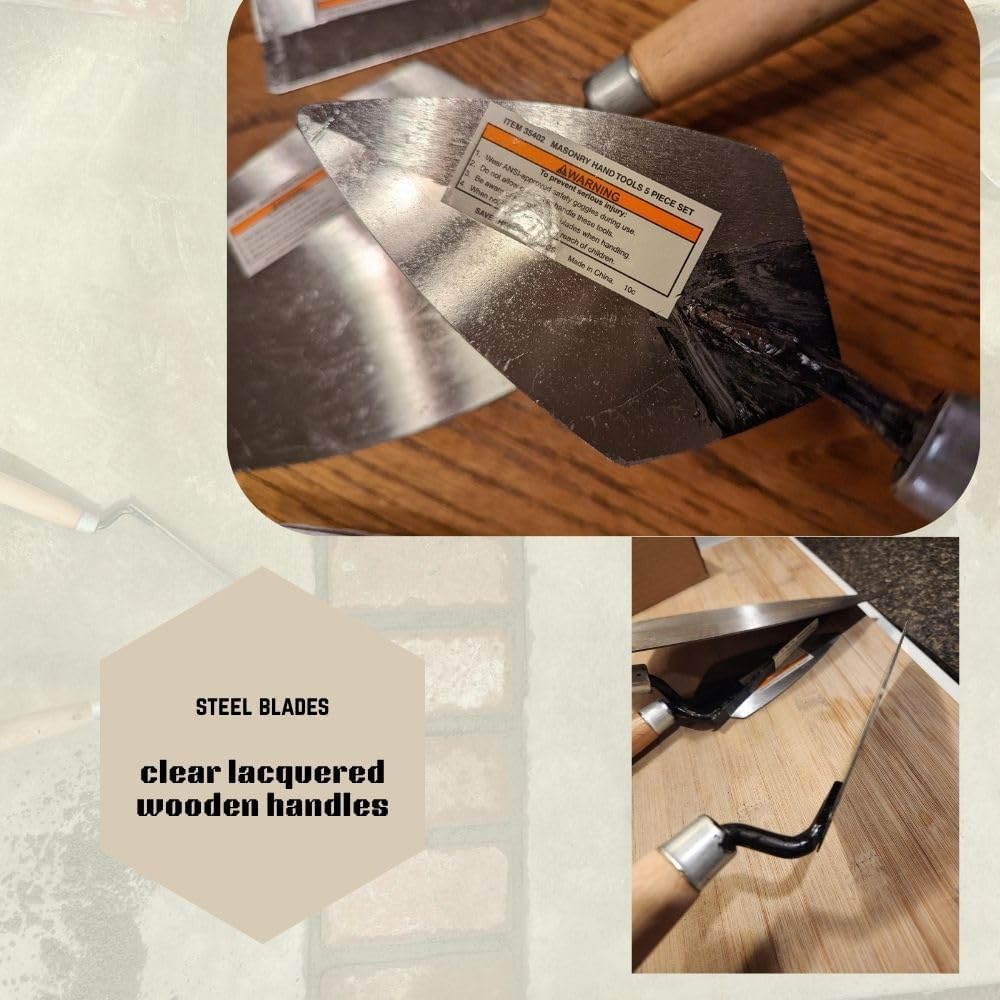 Masonry Trowel Set 5 Pc, Pointing Trowels 3 Sizes, Margin, Tuck Point | Hardened steel blades, lacquered wood handles