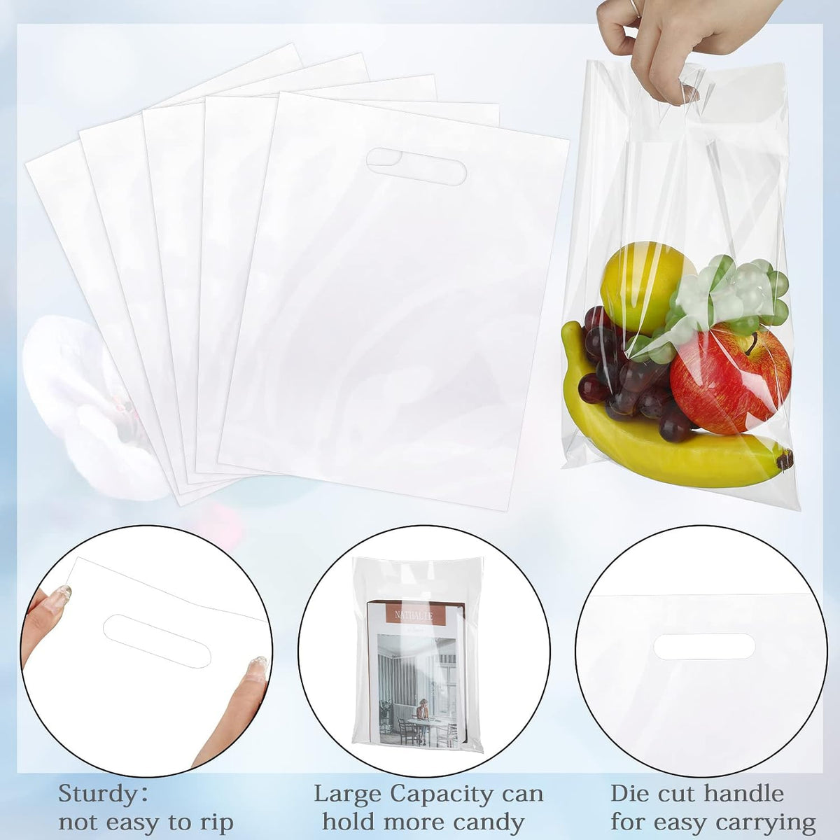 200 Pack 9" x 12" Clear Plastic Gift Bags with Die Cut Handle