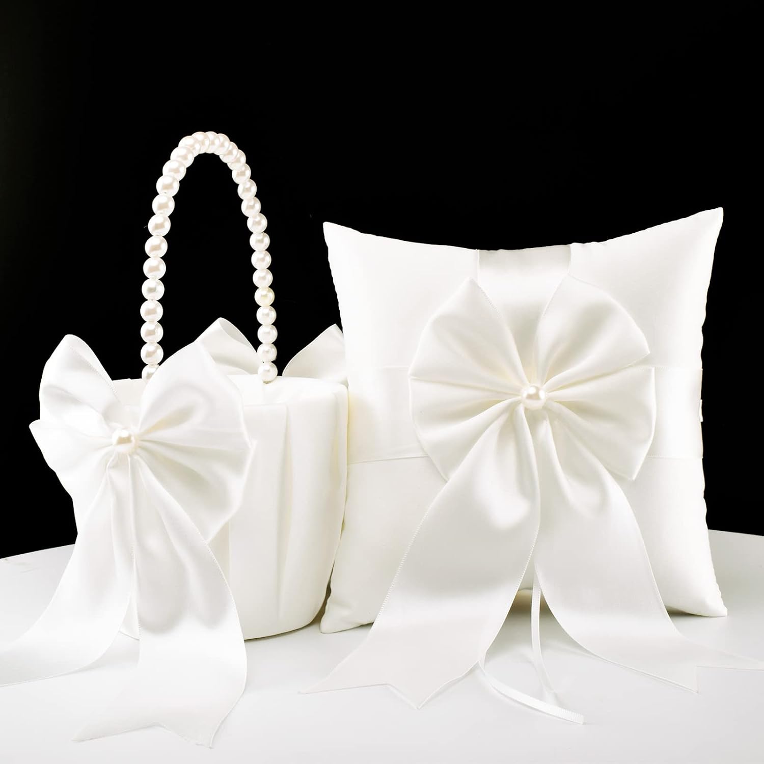 2 Pack Flower Girl Baskets and Ring Bearer Pillow Set, Ivory