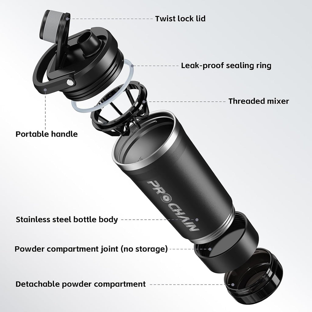 Insulated Stainless Steel Protein Shaker Bottle, 20oz Metal Mixer | Leak-Proof Twist Lock Lid with Detachable Powder