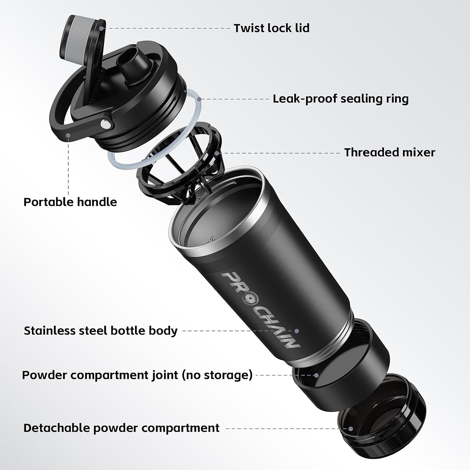 Insulated Stainless Steel Protein Shaker Bottle, 20oz Metal Mixer | Leak-Proof Twist Lock Lid with Detachable Powder
