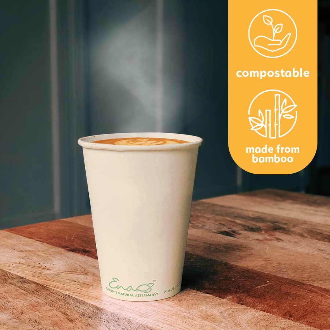 100% Compostable Disposable Coffee Cups [12oz 80 Pack] Paper Cups Made from Bamboo, Eco-Friendly, Biodegradable