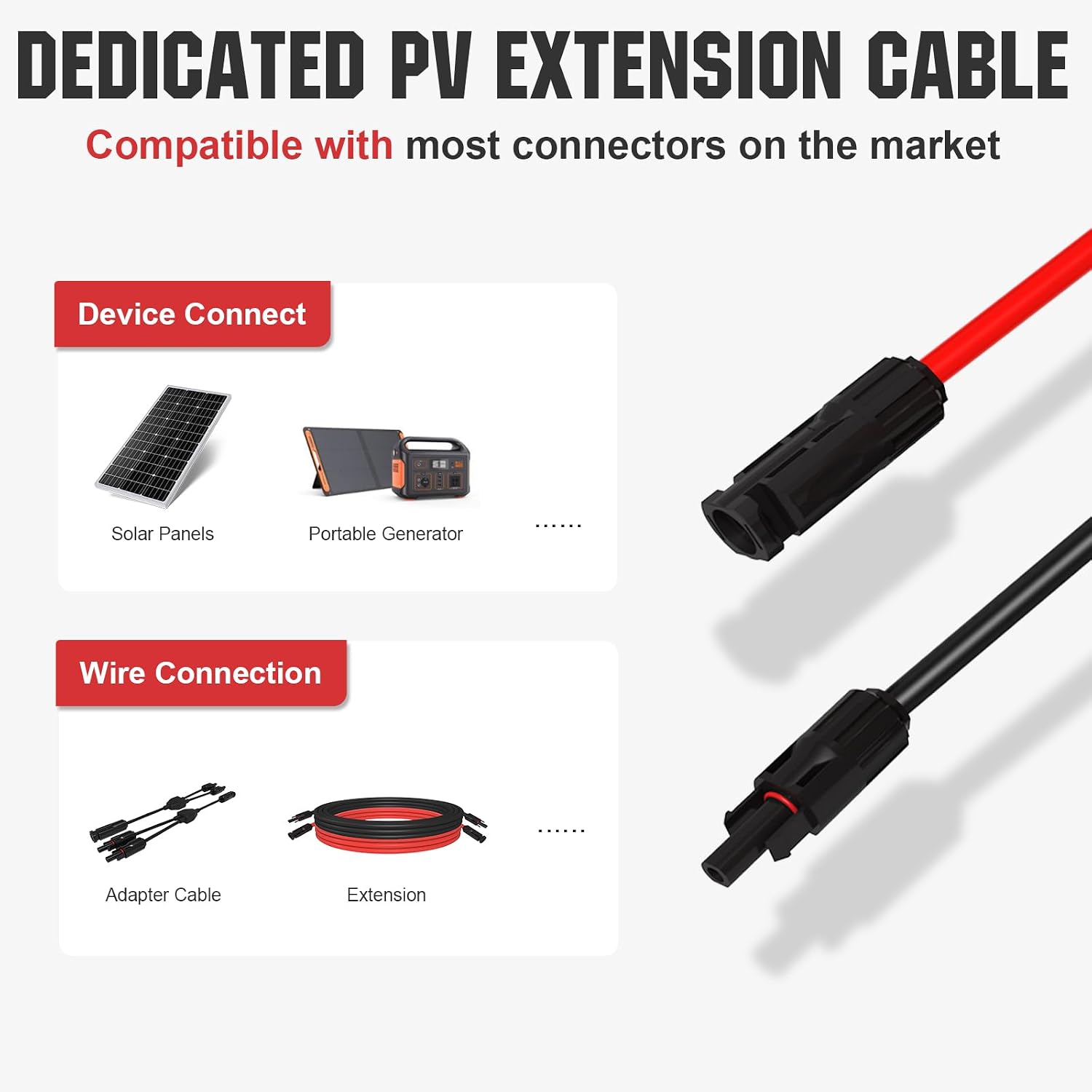 10FT 10AWG Solar Extension Cable 30A/1000V DC, IP67 Waterproof with Compatible Quick Connectors (Red+Black) for Solar