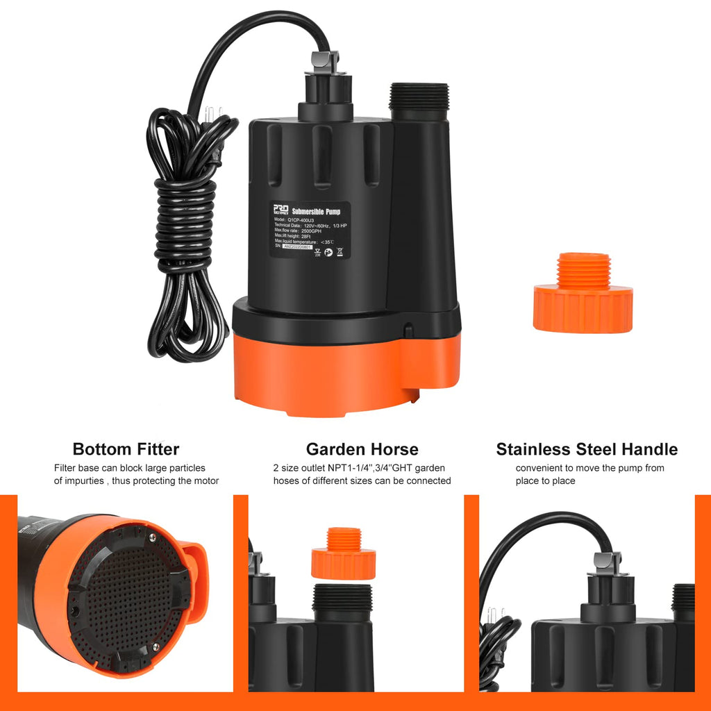 1/3 HP Submersible Water Pump, 2500GPH Utility Pump