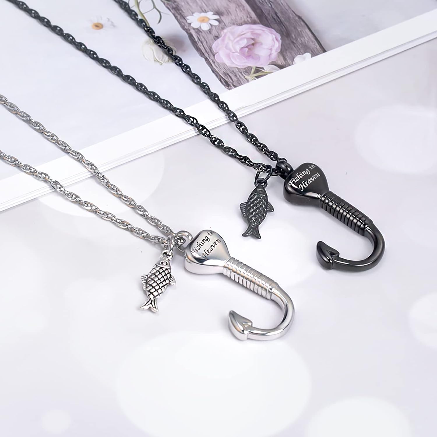 Gone Fishing Urn Necklace for Ashes, Fish Hook Memorial Pendant