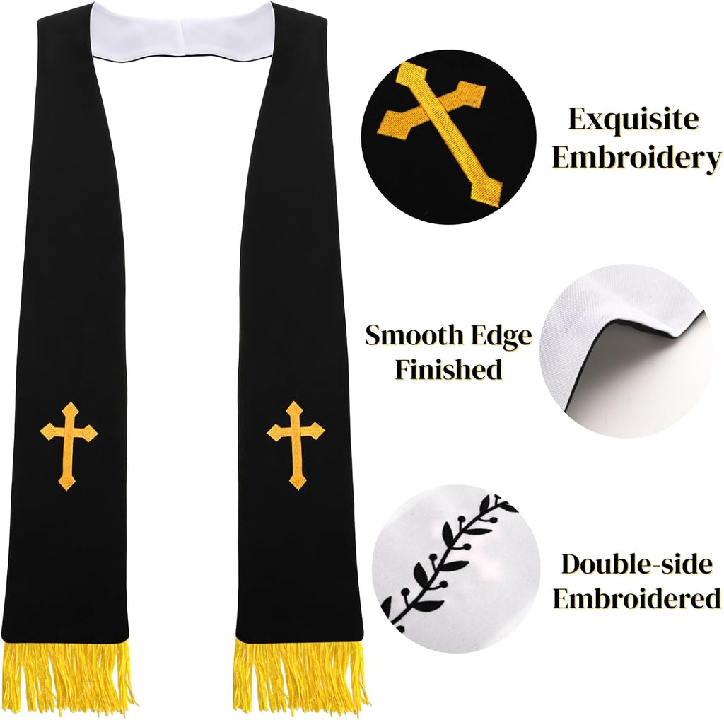 1 Pack Wedding Reversible Stole with Tassels, 75 Inch Clergy Mass Stoles with Cross, White Embroidered Priest Sash