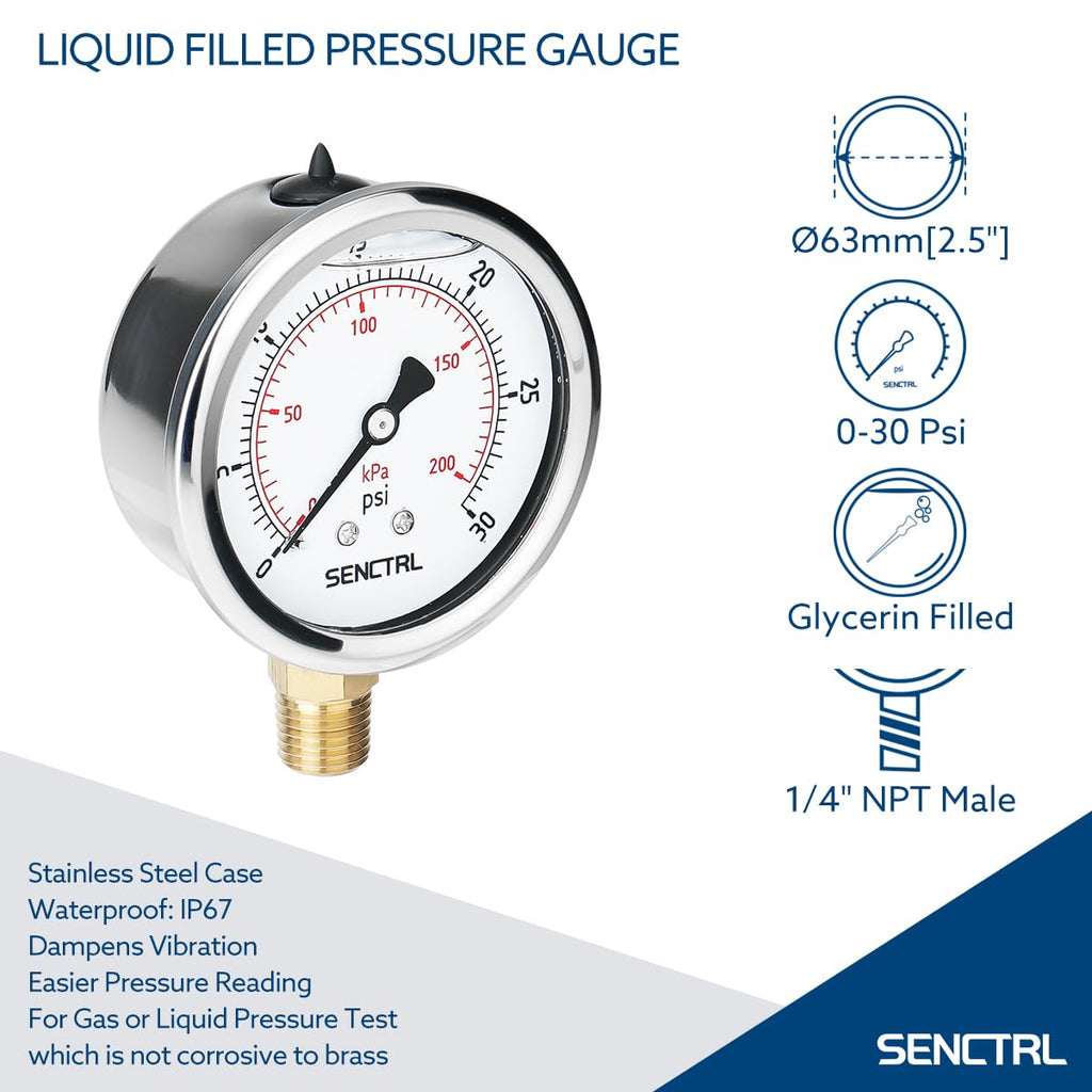 SENCTRL 0-30 PSI Liquid Filled Low Pressure Gauge, 1/4" NPT Lower Mount