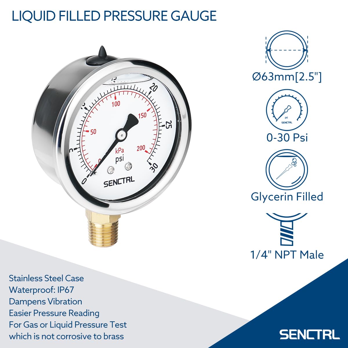 SENCTRL 0-30 PSI Liquid Filled Low Pressure Gauge, 1/4" NPT Lower Mount