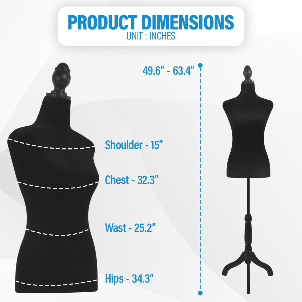 Female Mannequin Torso | Black | Height Adjustable Dress Form | 50"-63" | High-Density Foam with Wood Tripod Stand |