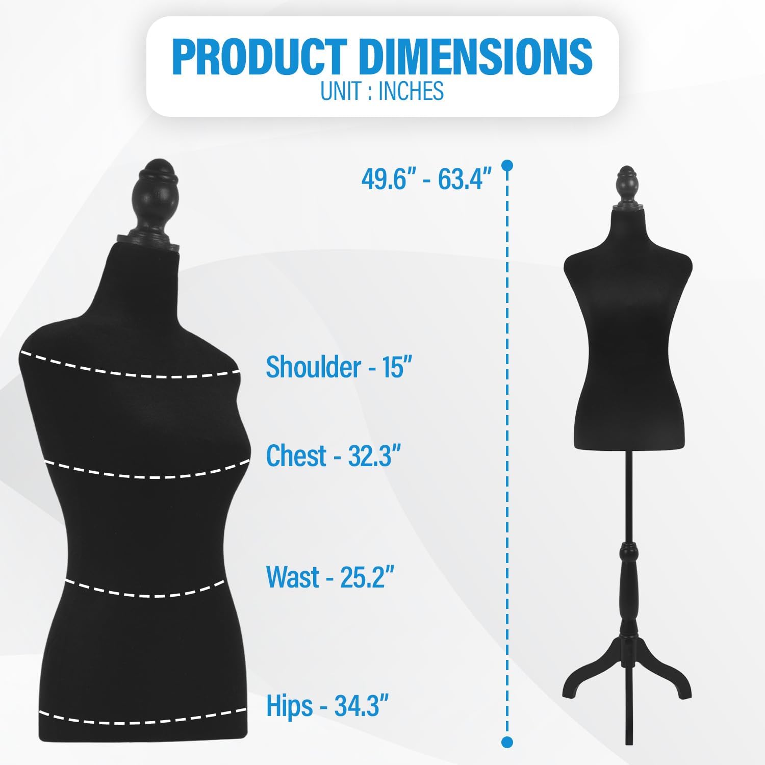 Female Mannequin Torso | Black | Height Adjustable Dress Form | 50"-63" | High-Density Foam with Wood Tripod Stand |