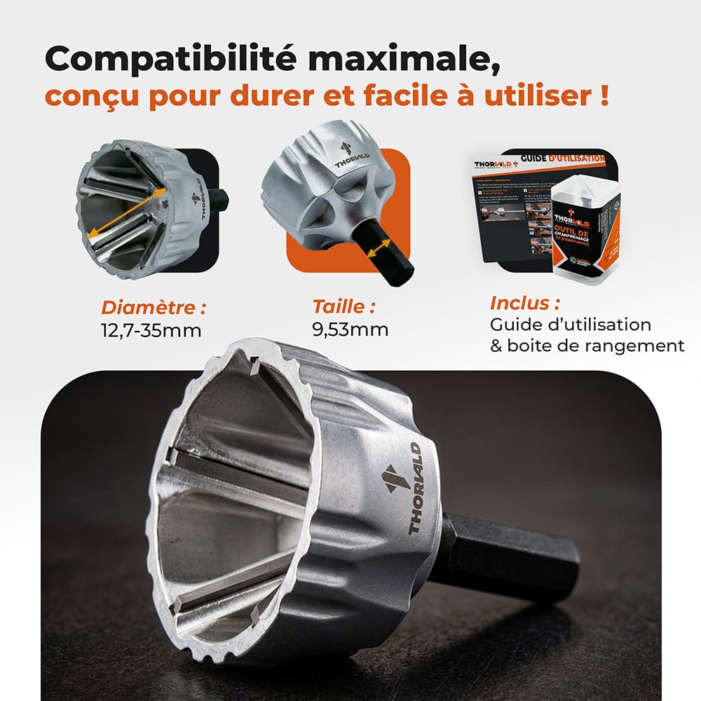 THORVALD Big Deburring External Chamfer Tool with Tungsten Carbide Blade - Deburr Tool for All Thread, All Metal Rod, Pipe, PVC - 1/2" to 1-3/8" Diameter (12~35mm) - User Guide + Tutorial Video