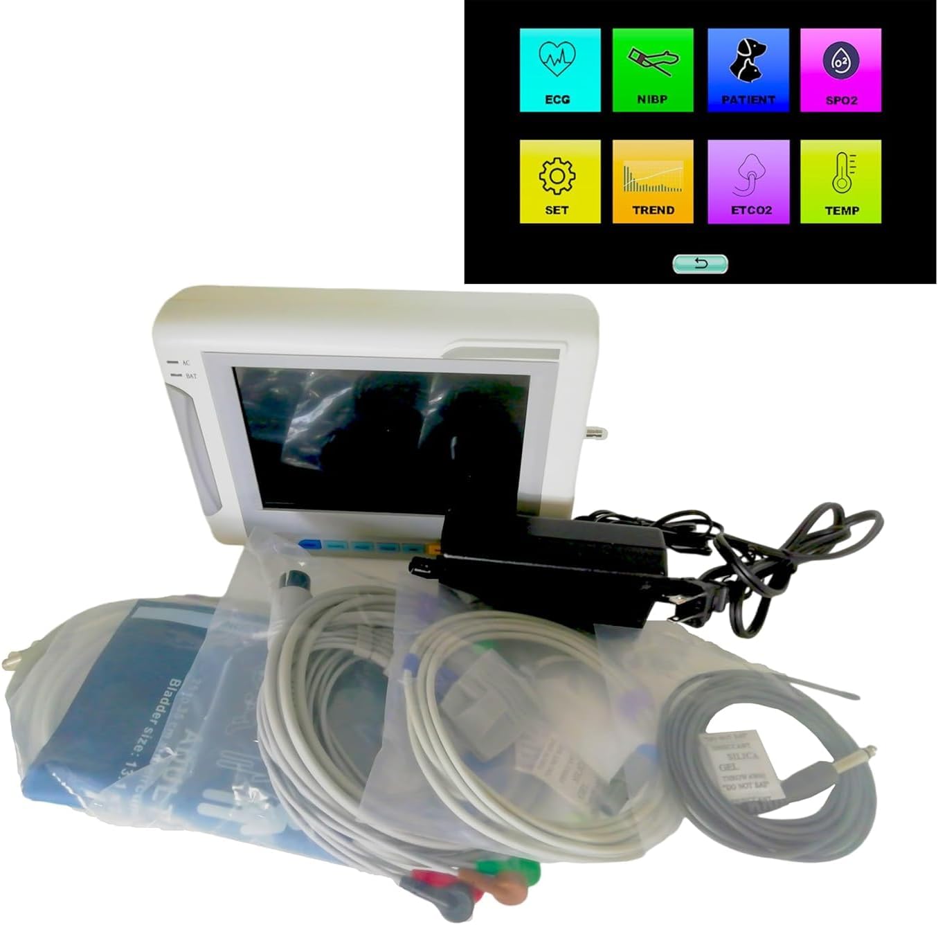 Veterinary Vital Signs Monitor 7 Inch Portable 6 Parameter Monitor ECG/NIBP/PR/SPO2/RESP/TEMP Animal Monitor