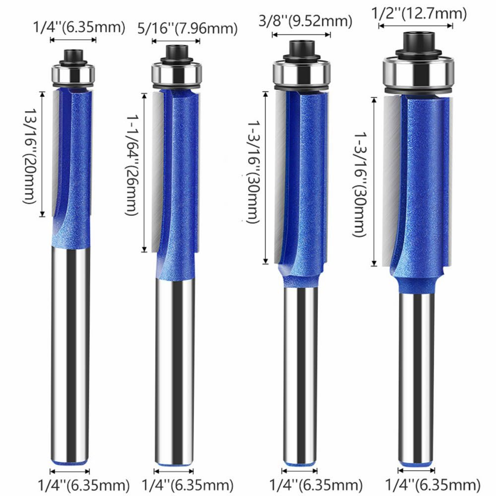 4PCS Flush Trim Router Bit Set 1/4 Inch Shank Top Bearing Flush Trim Router Bit