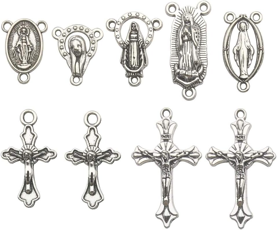 100g (60pcs) Antique Silver Cross Jesus Maria Our Lady Miraculous Centerpiece Crucifix Medal Charms Pendants for