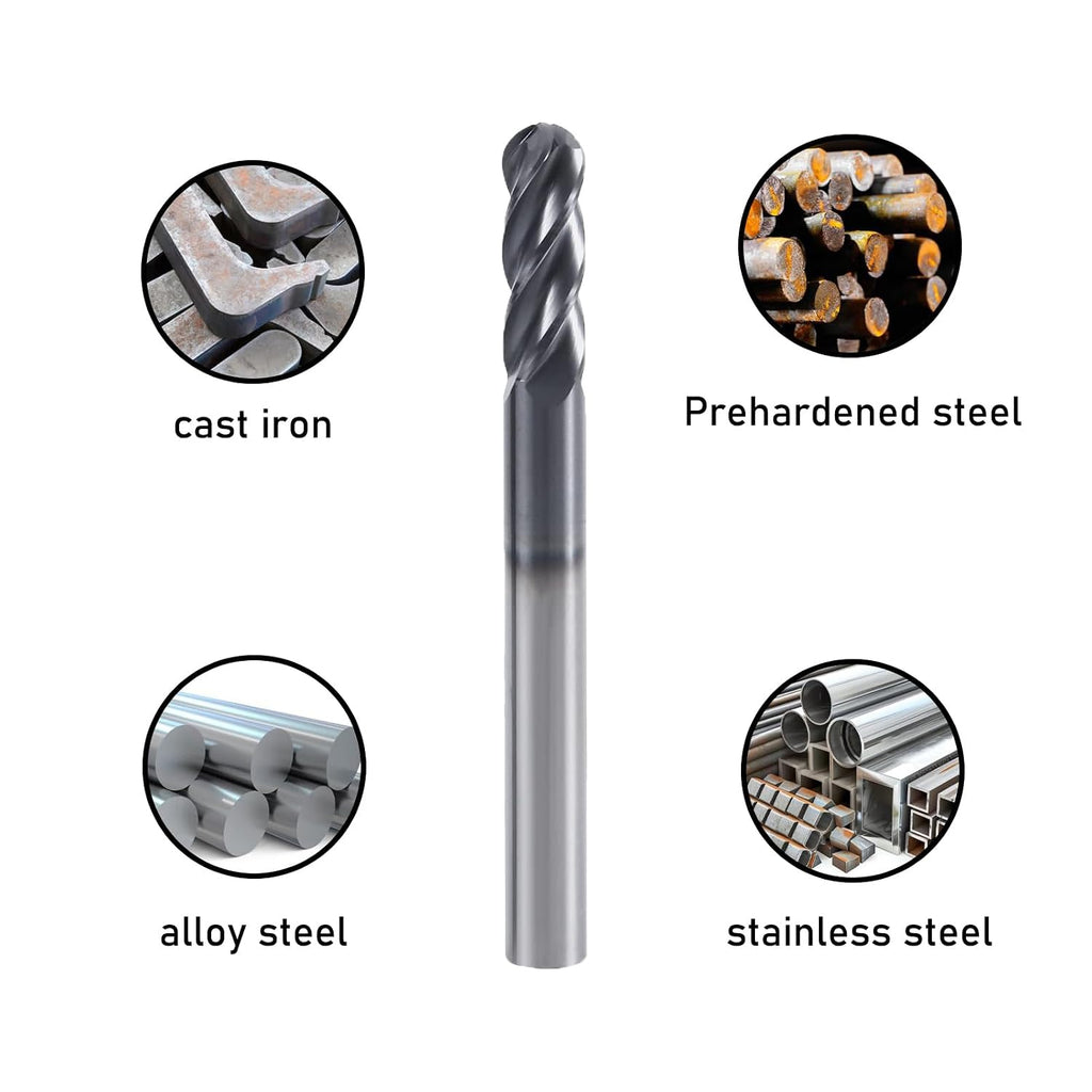 1/2" 4-Flute Ball Nose End Mill, AlTiN Coated Carbide 1Pcs