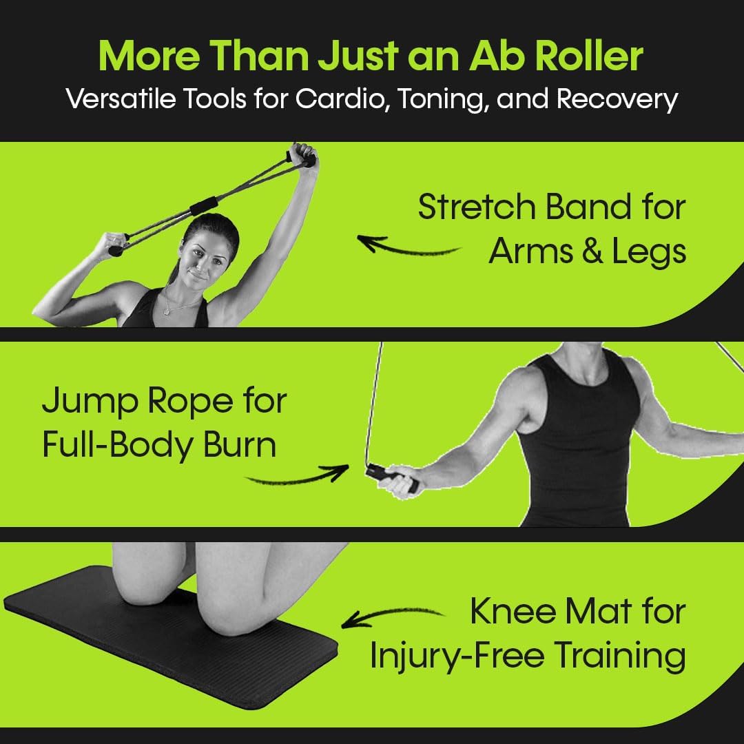 Ab Roller Wheel – 4-in-1 Ab Roller Kit with Knee Mat, Jump Rope & Resistance Band – Core & Abs Workout Equipment for