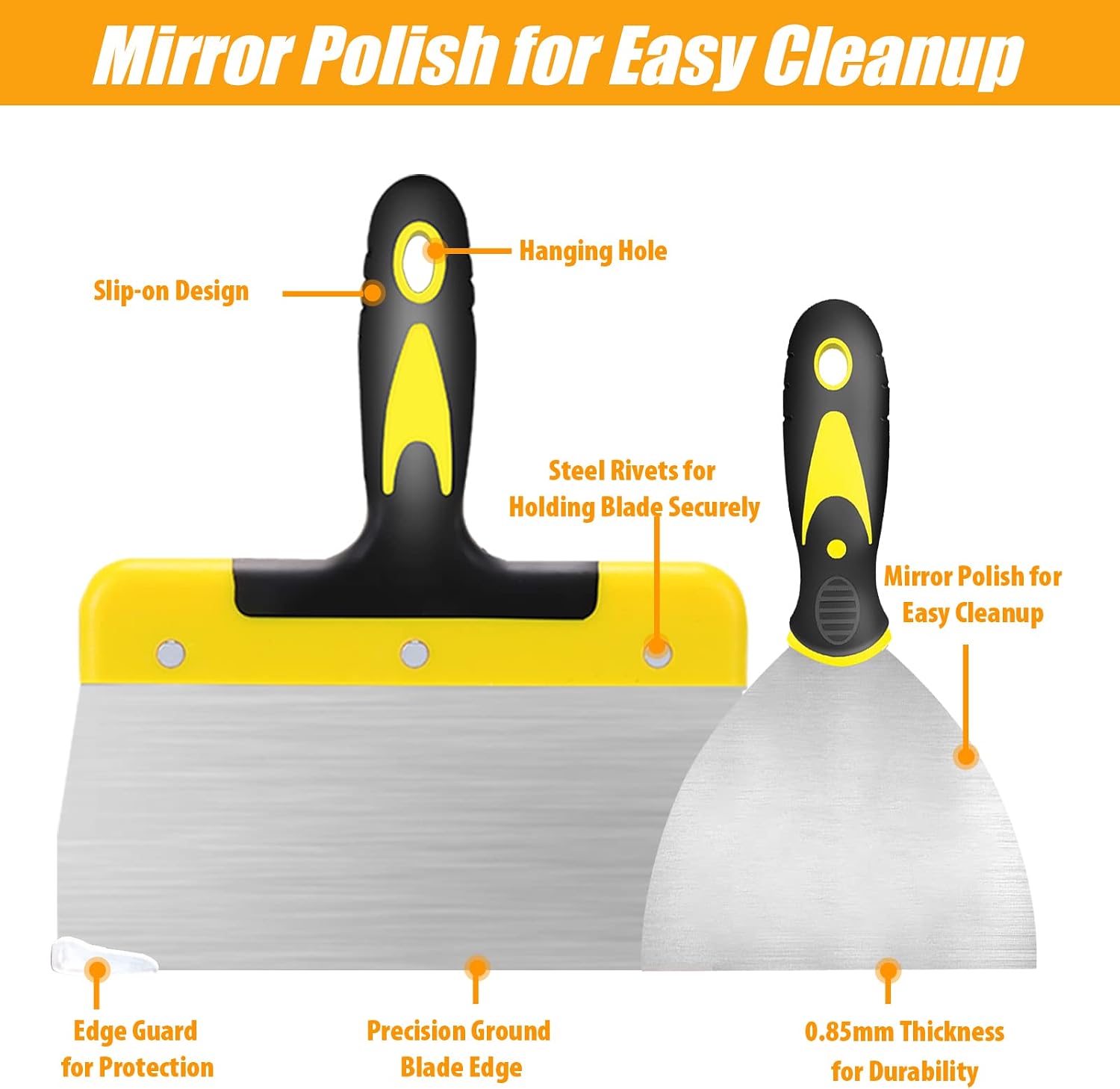 Drywall Knife Set, 8 Pieces Stainless Steel Drywall Hand Tool Kit Includes Taping Knives, Putty Knives, Finishing