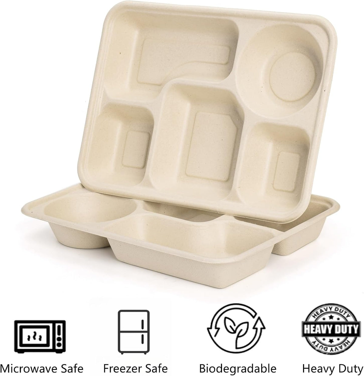 50 Pack 5 Compartment Paper Plates Disposable, 11" x 8" Compostable Bagasse Plate School Lunch Trays, Biodegradable