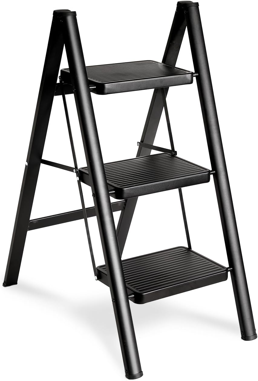 Folding 3 Step Ladder, Sturdy 330 Lbs Load Small Step Stool for Adults, Safer Full Steel Multi-use Kitchen Ladder for