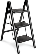 Folding 3 Step Ladder, Sturdy 330 Lbs Load Small Step Stool for Adults, Safer Full Steel Multi-use Kitchen Ladder for