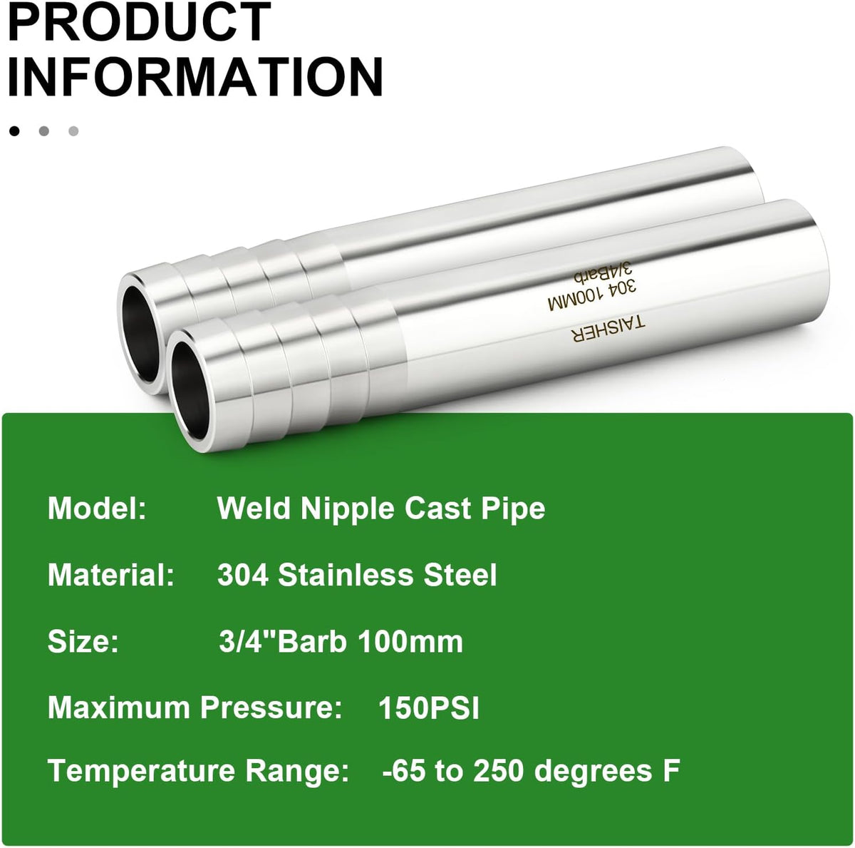 TAISHER 2PCS 304 Stainless Steel Pipe Fittings, 3/4" Barb, 4" Length Weld Nipple Cast Pipe