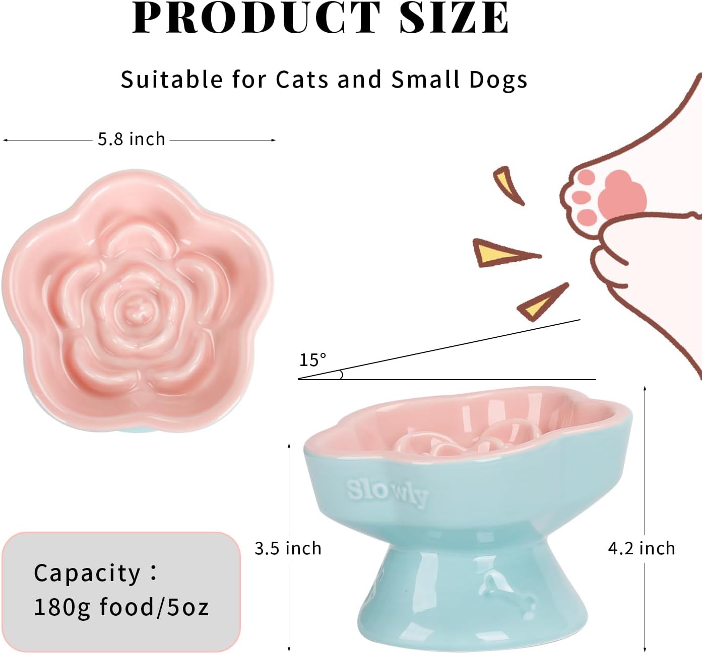 Raised Slow Feeder Cat Bowl, Ceramic Elevated and Titled Glass Food Bowl Small Dogs Slow Feeder, Flower Shaped Cute