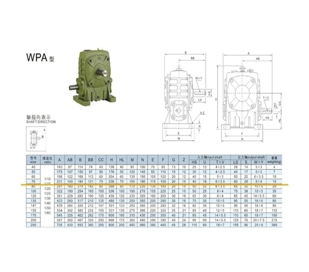 WPA70-A Worm Gear Reducer Speed Ratio: 15 20 25 30 40 50