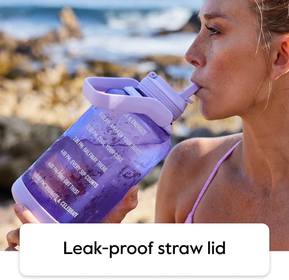Motivational Water Bottle with Straw Lid and Time Marker (64 oz, Vivacity Purple) - Leakproof, BPA Free Water Bottle