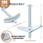 200 Pcs 1/4" X 3" Toggle Bolts and Wing Nut Wall Anchor for Drywall